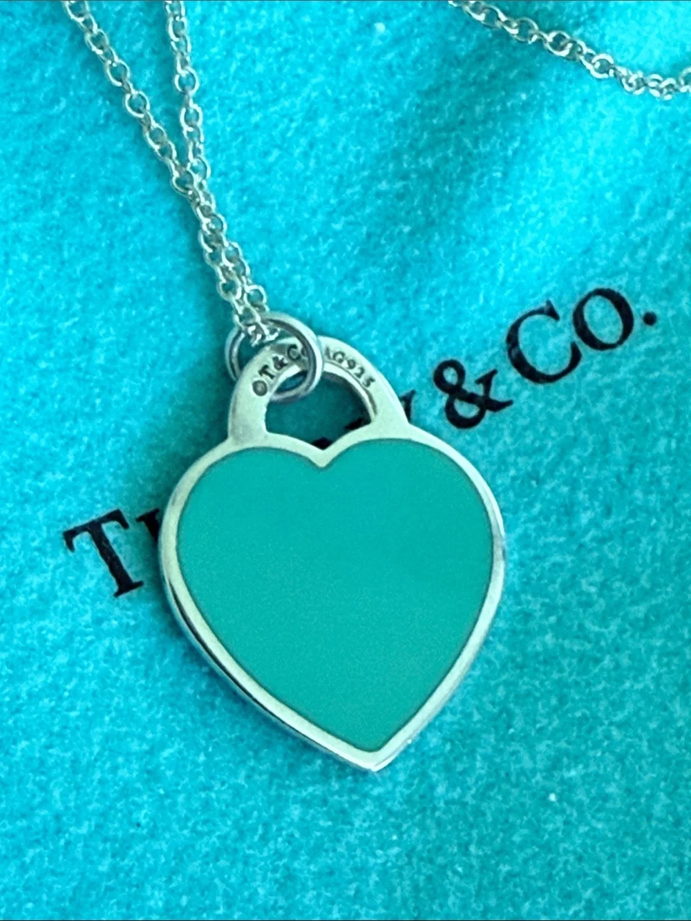 T&Co. Return To Tiffany Small Heart Tag Necklace Pendant Blue Enamel - 18”